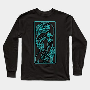 Alphonse Mucha Primevere Blue Neon Long Sleeve T-Shirt